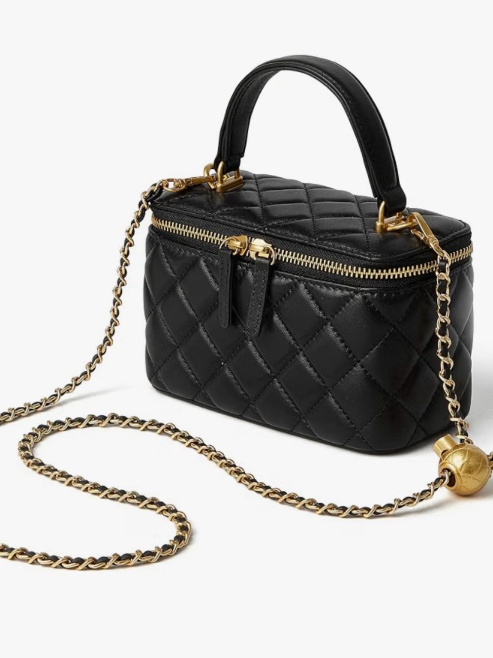 Black Quilted Leather Top-Handle Crossbody Bag with Gold Chain